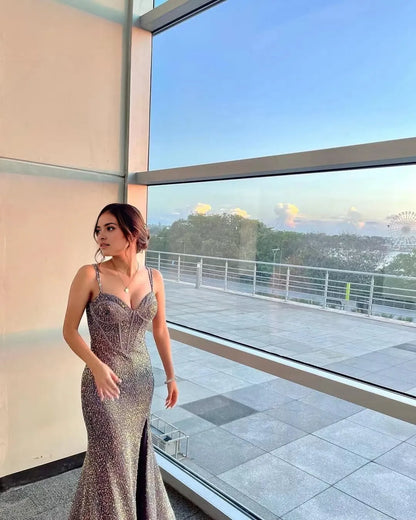 Glamorous Mermaid Sweetheart Neck Spaghetti Strap Lace Up Back High Slit Floor Length Evening Dress