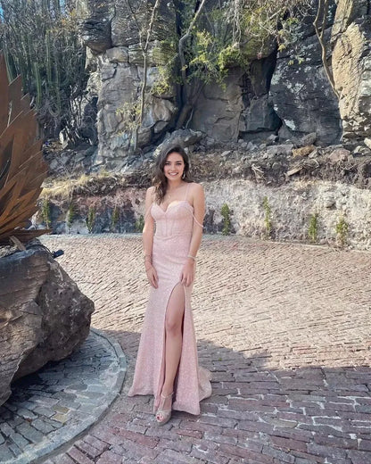 Glamorous Mermaid Sweetheart Neck Spaghetti Strap Lace Up Back High Slit Floor Length Evening Dress