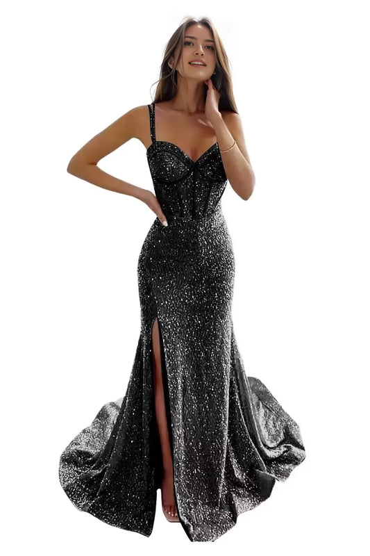 Glamorous Mermaid Sweetheart Neck Spaghetti Strap Lace Up Back High Slit Floor Length Evening Dress