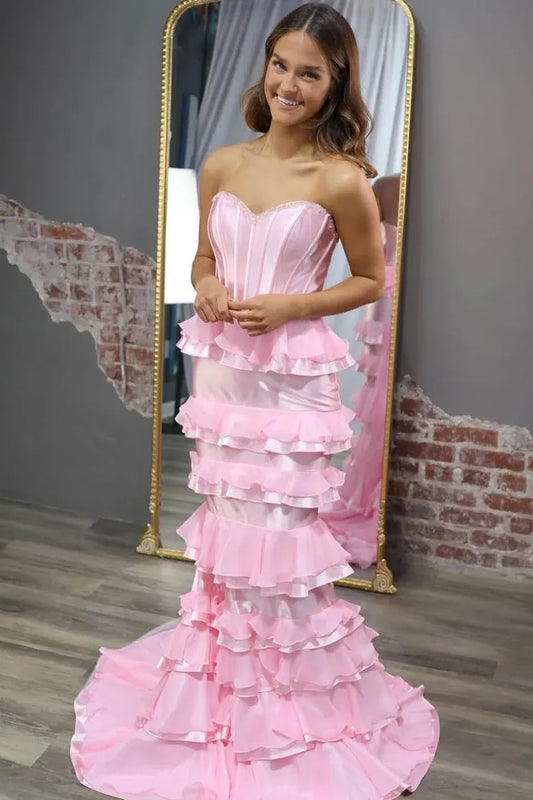 Glamorous Mermaid Sweetheart Neckline Tiered Ruffle Backless Lace-Up Satin Evening Dress With Train