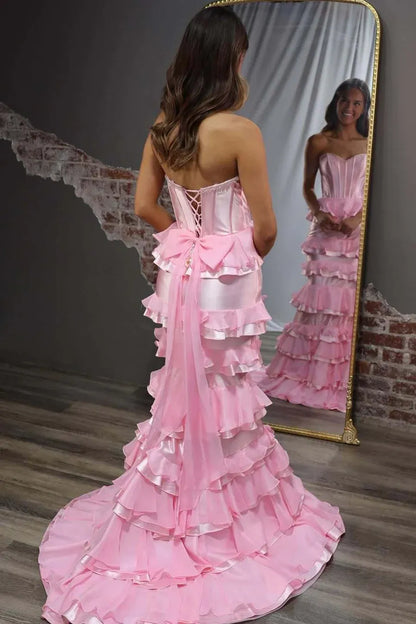 Glamorous Mermaid Sweetheart Neckline Tiered Ruffle Backless Lace-Up Satin Evening Dress With Train