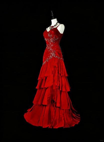 Glamorous Mermaid Sweetheart Spaghetti Strap Zipper Back Floor-Length Red Prom Evening Dress