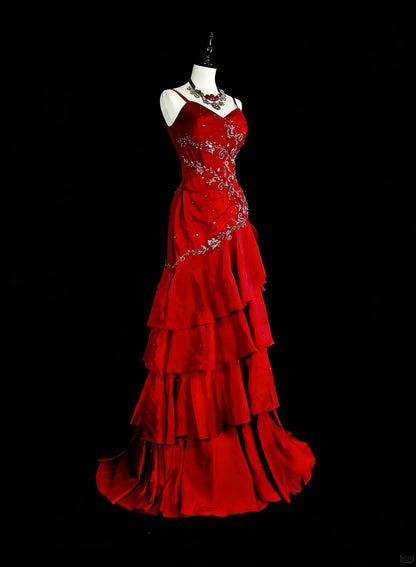 Glamorous Mermaid Sweetheart Spaghetti Strap Zipper Back Floor-Length Red Prom Evening Dress