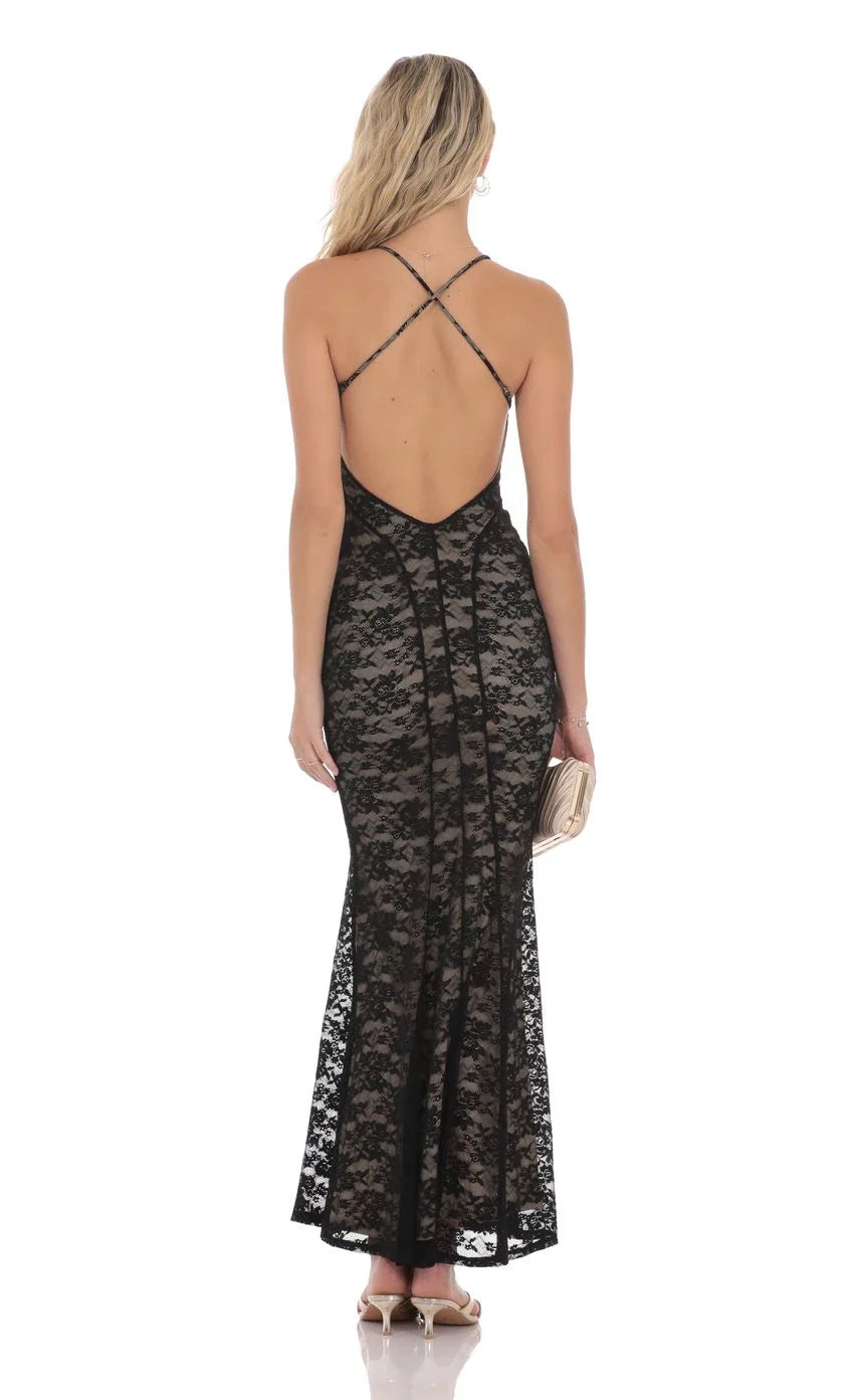 Glamorous Mermaid V-Neck Halter-Lace Cross-Back Floor-Length Prom Dresses