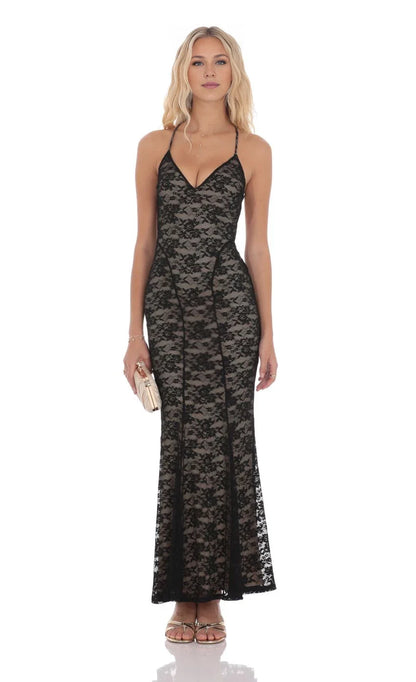 Glamorous Mermaid V-Neck Halter-Lace Cross-Back Floor-Length Prom Dresses