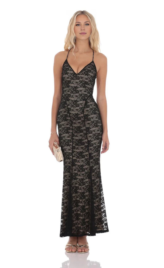 Glamorous Mermaid V-Neck Halter-Lace Cross-Back Floor-Length Prom Dresses