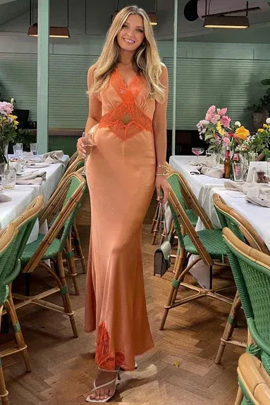 Glamorous Mermaid V-Neck Lace Applique Backless Satin Evening Maxi Dress