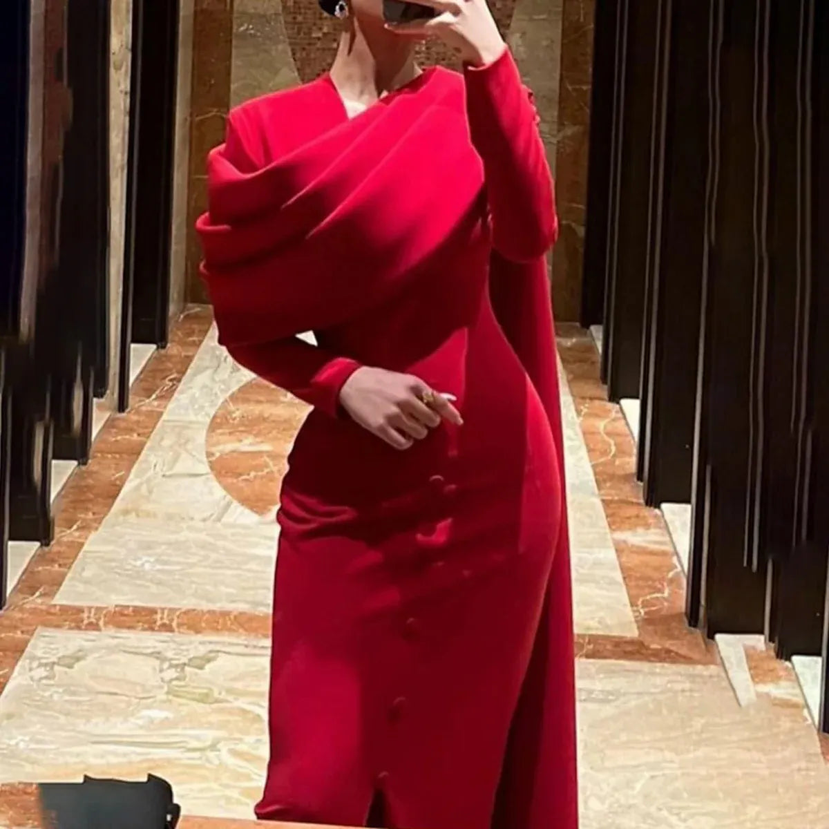Glamorous Mermaid V-Neck Long Sleeve Draped Cape Satin Evening Dress With Train