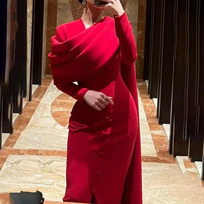 Glamorous Mermaid V-Neck Long Sleeve Draped Cape Satin Evening Dress With Train