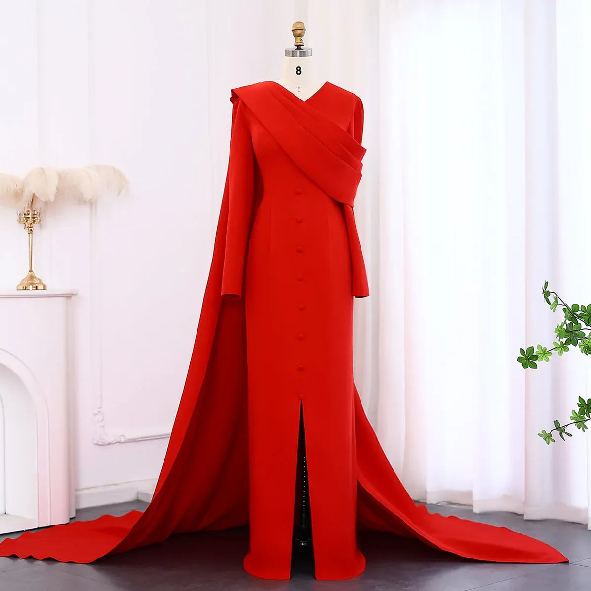 Glamorous Mermaid V-Neck Long Sleeve Draped Cape Satin Evening Dress With Train