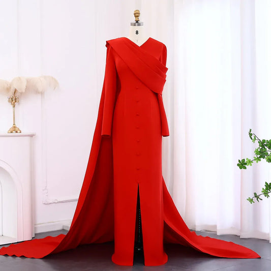 Glamorous Mermaid V-Neck Long Sleeve Draped Cape Satin Evening Dress With Train