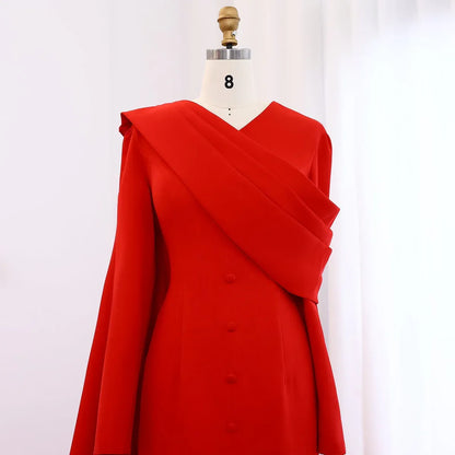 Glamorous Mermaid V-Neck Long Sleeve Draped Cape Satin Evening Dress With Train
