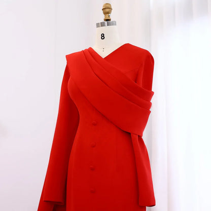 Glamorous Mermaid V-Neck Long Sleeve Draped Cape Satin Evening Dress With Train
