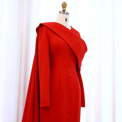 Glamorous Mermaid V-Neck Long Sleeve Draped Cape Satin Evening Dress With Train