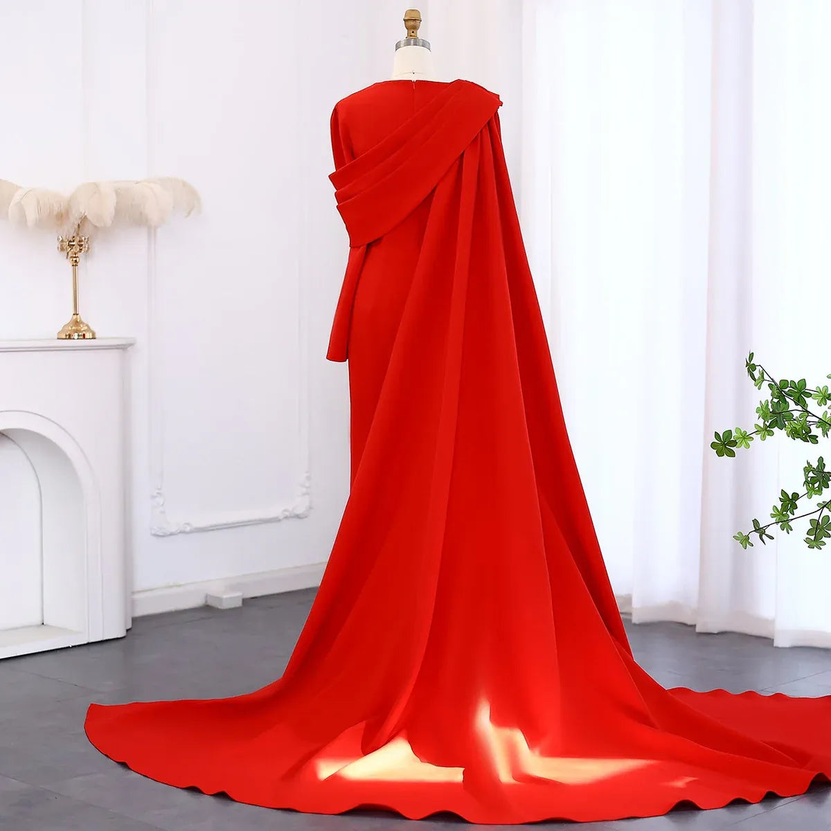 Glamorous Mermaid V-Neck Long Sleeve Draped Cape Satin Evening Dress With Train