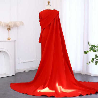Glamorous Mermaid V-Neck Long Sleeve Draped Cape Satin Evening Dress With Train