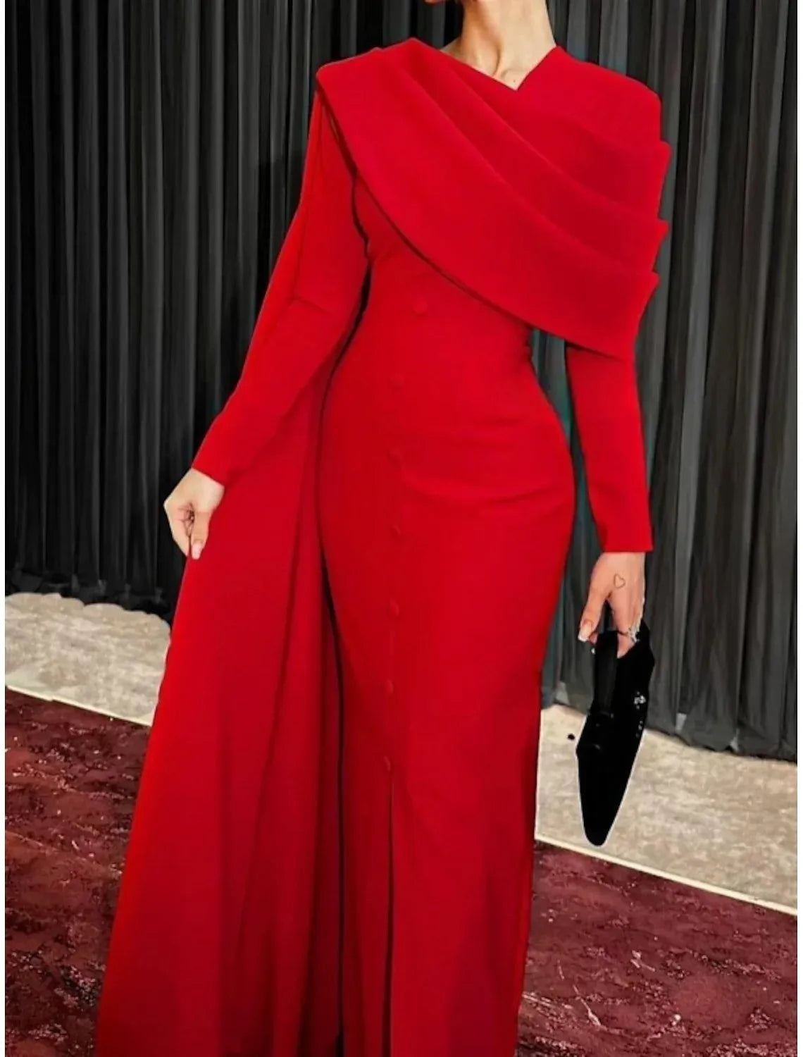 Glamorous Mermaid V-Neck Long Sleeve Draped Cape Satin Evening Dress With Train