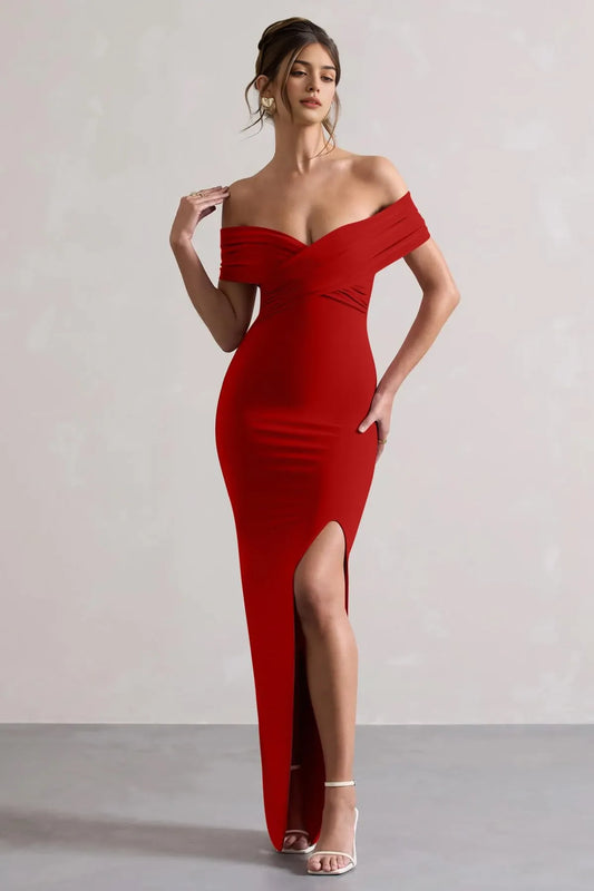 Glamorous Off-Shoulder Backless Sleeveless  Bodycon Mermaid High-Slit Maxi Evening Dress
