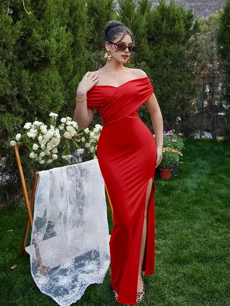 Glamorous Off-Shoulder Backless Sleeveless  Bodycon Mermaid High-Slit Maxi Evening Dress