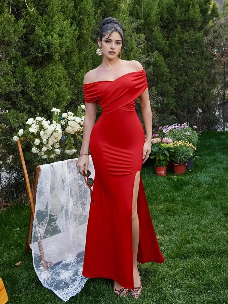 Glamorous Off-Shoulder Backless Sleeveless  Bodycon Mermaid High-Slit Maxi Evening Dress