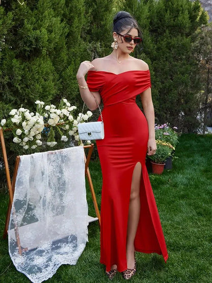 Glamorous Off-Shoulder Backless Sleeveless  Bodycon Mermaid High-Slit Maxi Evening Dress