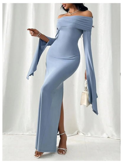 Glamorous Off-Shoulder Draped Bell Sleeve Bodycon Back Slit Maxi Evening Dress