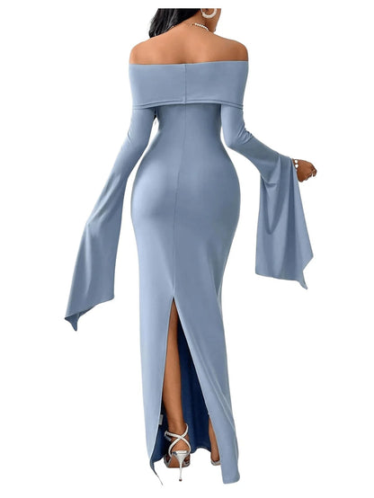 Glamorous Off-Shoulder Draped Bell Sleeve Bodycon Back Slit Maxi Evening Dress