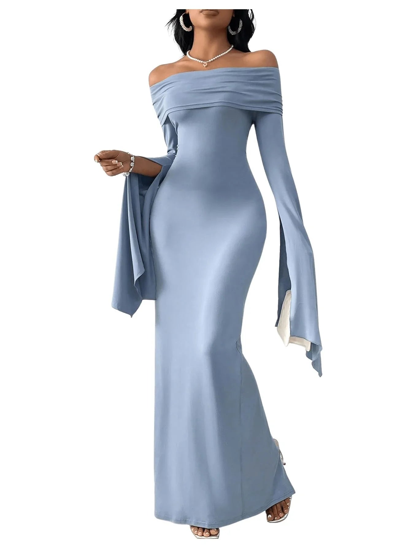 Glamorous Off-Shoulder Draped Bell Sleeve Bodycon Back Slit Maxi Evening Dress