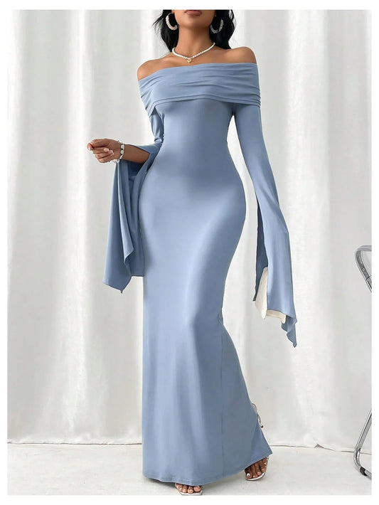 Glamorous Off-Shoulder Draped Bell Sleeve Bodycon Back Slit Maxi Evening Dress