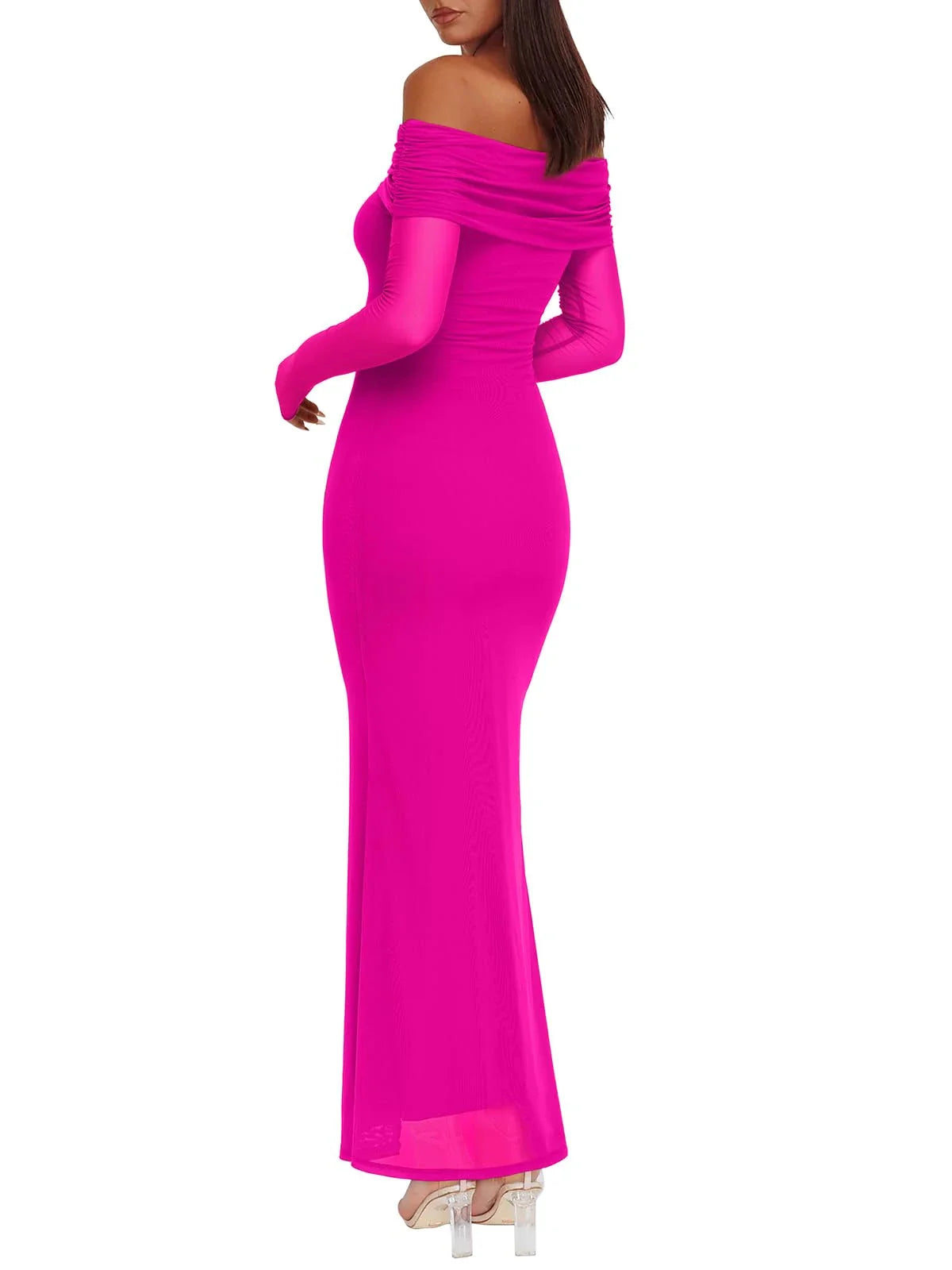 Glamorous Off-Shoulder Long Sleeve Ruched Bodycon Maxi Evening Dress
