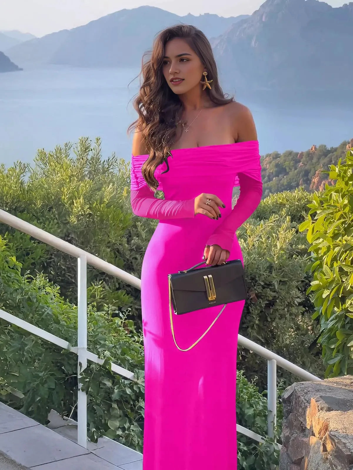 Glamorous Off-Shoulder Long Sleeve Ruched Bodycon Maxi Evening Dress