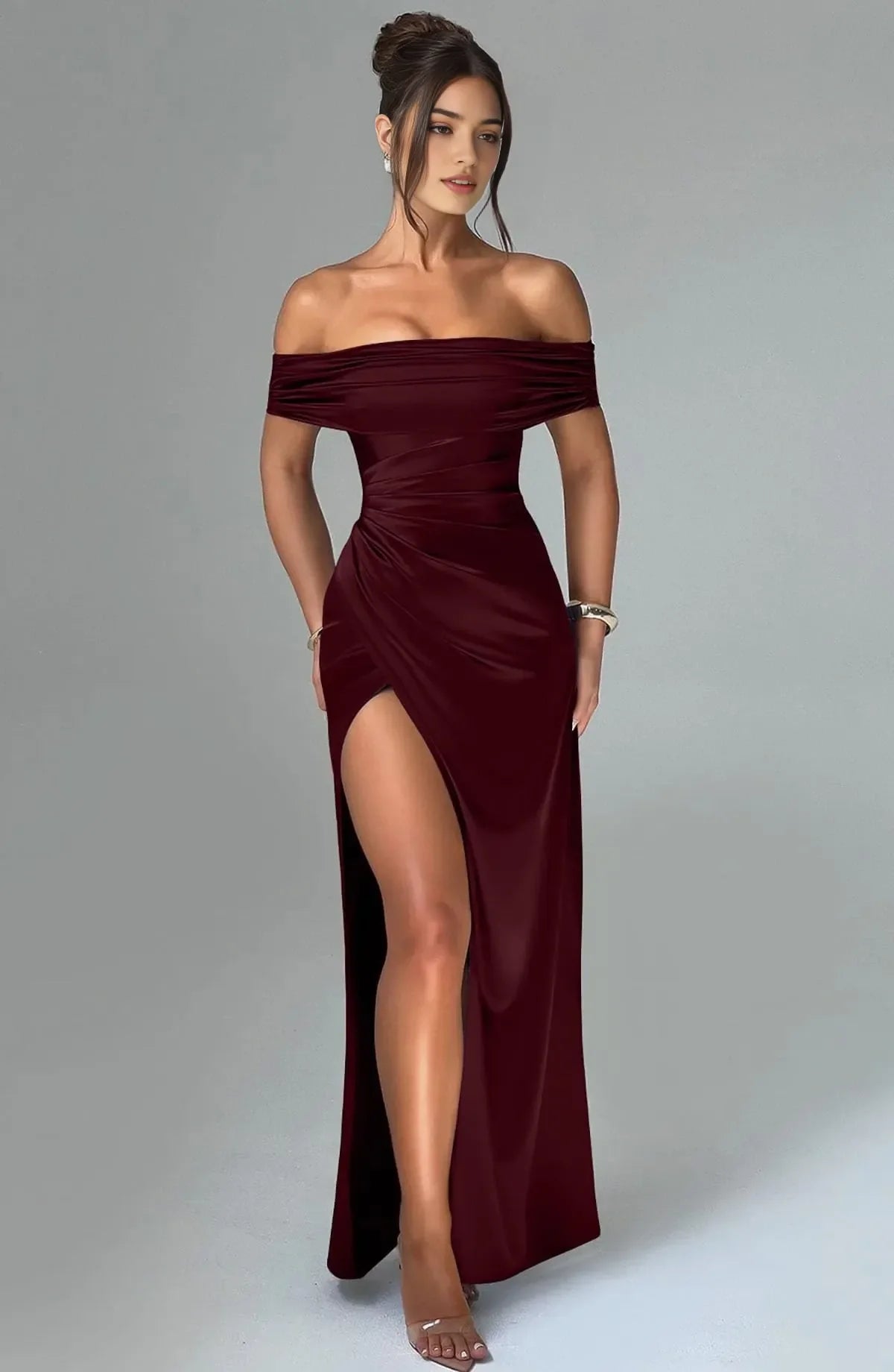 Glamorous Off-Shoulder Ruched High-Slit Satin Maxi Evening Dress