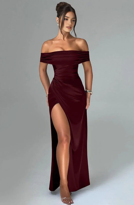 Glamorous Off-Shoulder Ruched High-Slit Satin Maxi Evening Dress