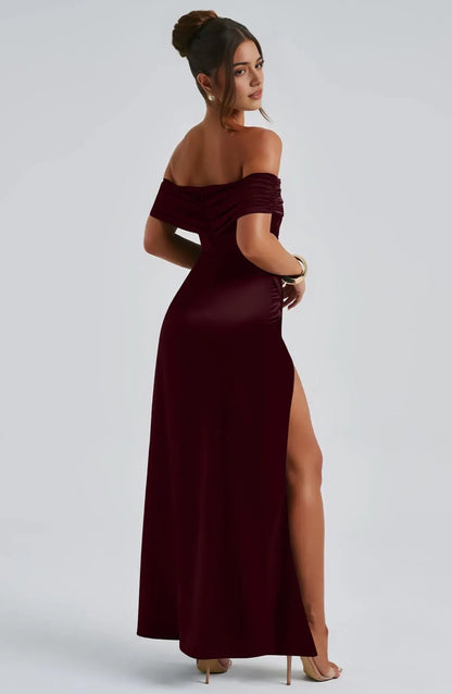 Glamorous Off-Shoulder Ruched High-Slit Satin Maxi Evening Dress