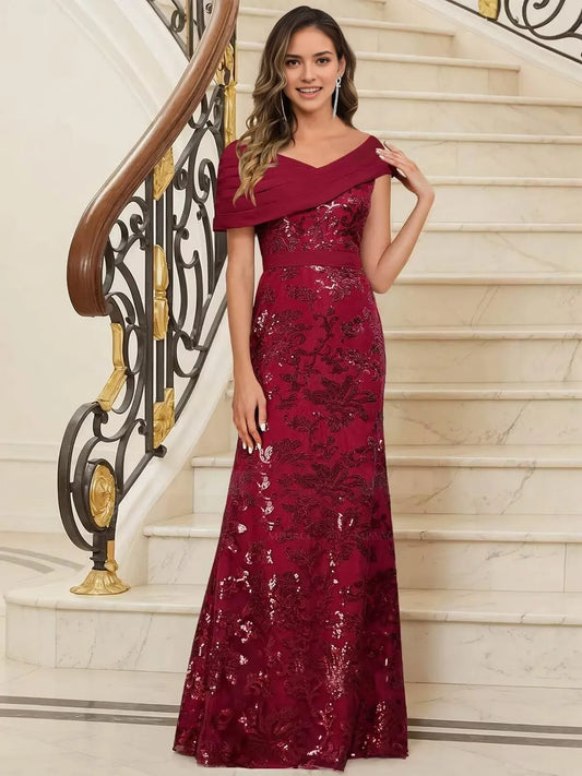 Glamorous Off-Shoulder Sequin Floral Embroidered Mermaid Maxi Evening Dress