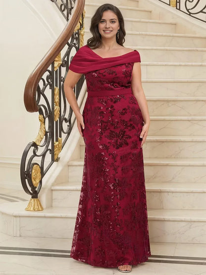 Glamorous Off-Shoulder Sequin Floral Embroidered Mermaid Maxi Evening Dress