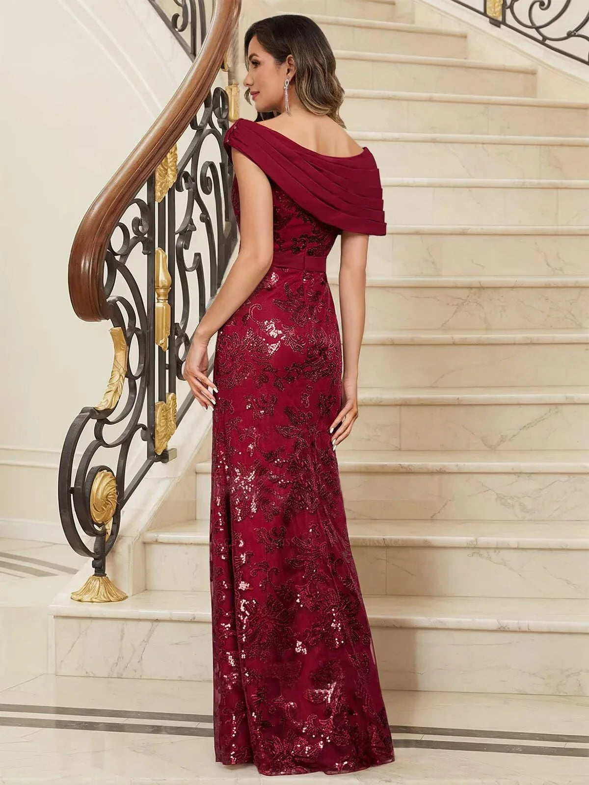Glamorous Off-Shoulder Sequin Floral Embroidered Mermaid Maxi Evening Dress