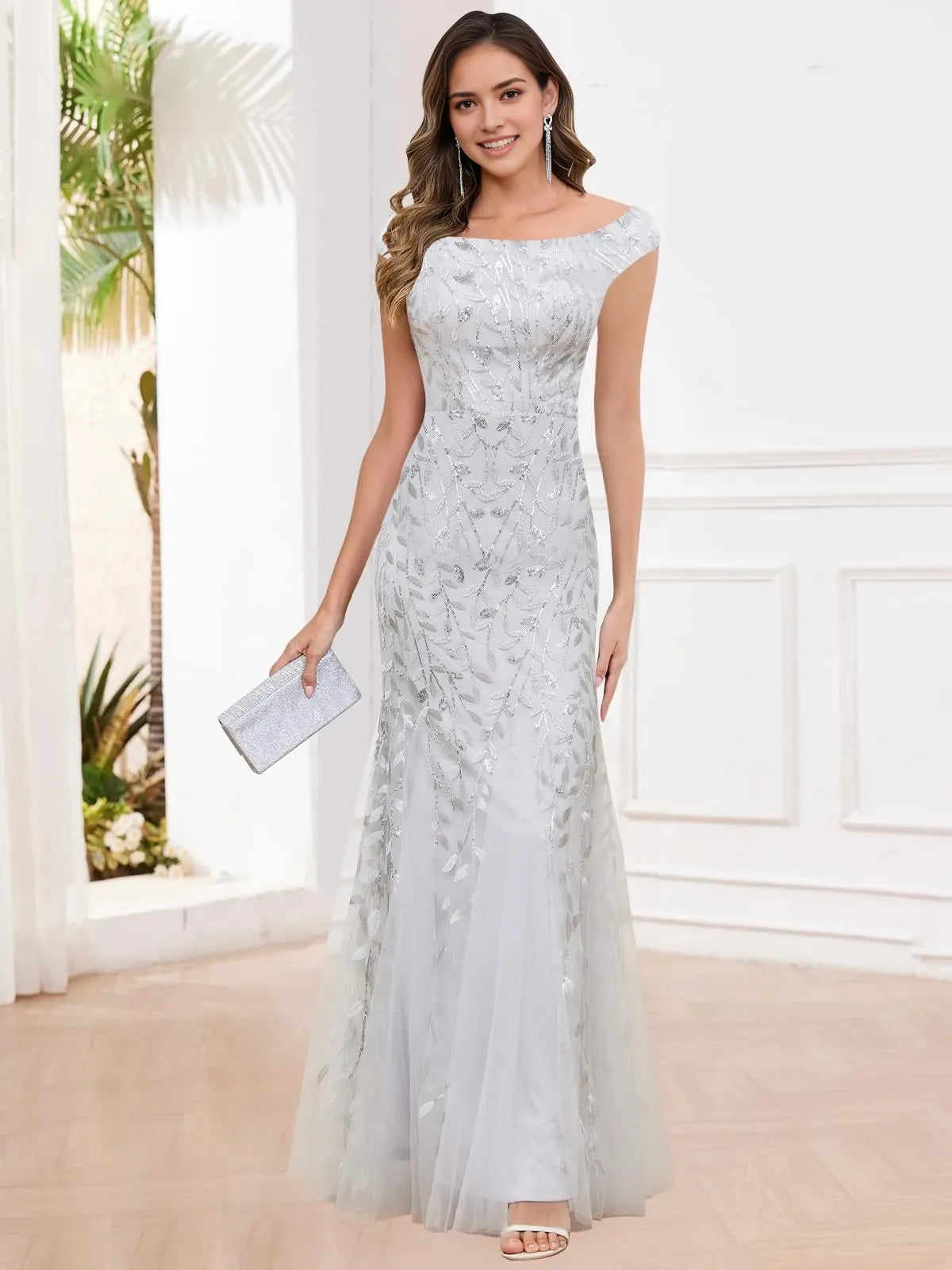 Glamorous Off-Shoulder Back Zip Sequin Leaf Embroidered Tulle Mermaid Maxi Mother Of The Bride Dresses