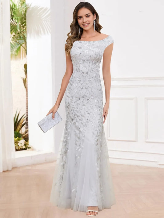Glamorous Off-Shoulder Back Zip Sequin Leaf Embroidered Tulle Mermaid Maxi Mother Of The Bride Dresses