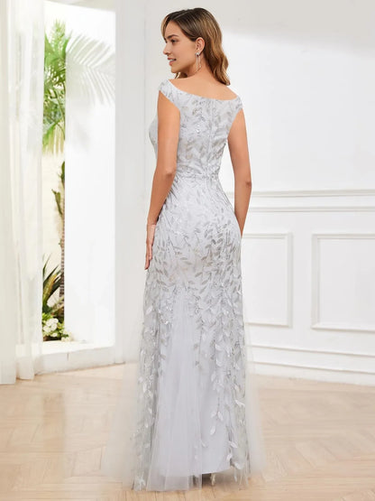 Glamorous Off-Shoulder Back Zip Sequin Leaf Embroidered Tulle Mermaid Maxi Mother Of The Bride Dresses