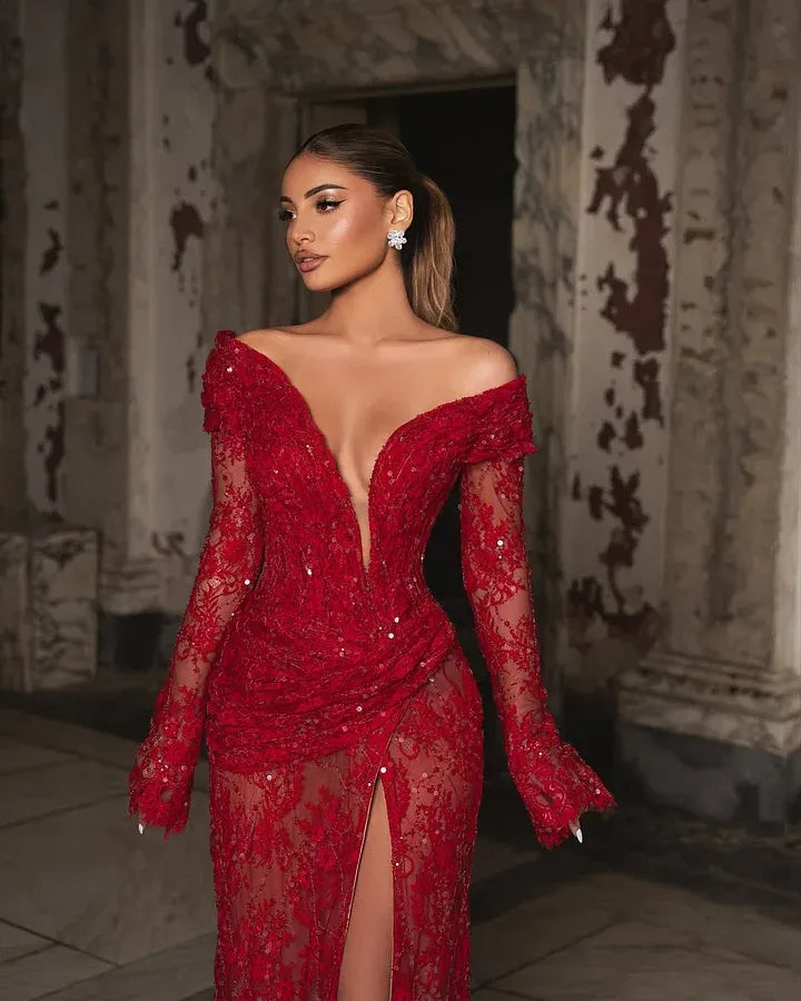 Glamorous Off-the-Shoulder Long Sleeve Deep V Beaded High Slit Lace Mermaid Maxi Dress