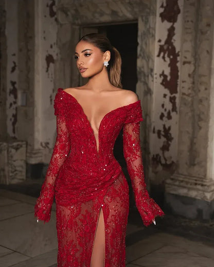 Glamorous Off-the-Shoulder Long Sleeve Deep V Beaded High Slit Lace Mermaid Maxi Dress