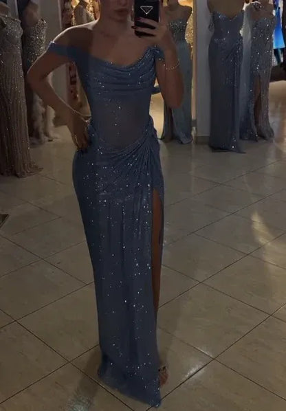 Glamorous Off-the-Shoulder Ruched Sheer Beaded Mermaid Maxi Dress with High Slit