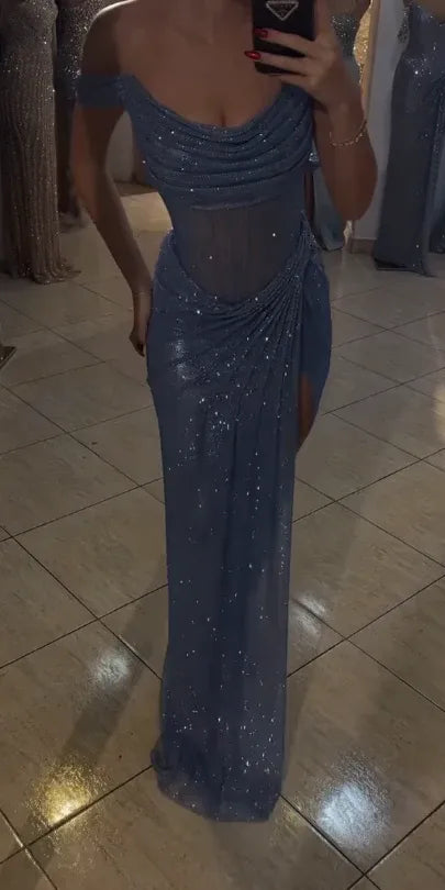Glamorous Off-the-Shoulder Ruched Sheer Beaded Mermaid Maxi Dress with High Slit
