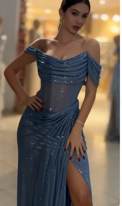 Glamorous Off-the-Shoulder Ruched Sheer Beaded Mermaid Maxi Dress with High Slit