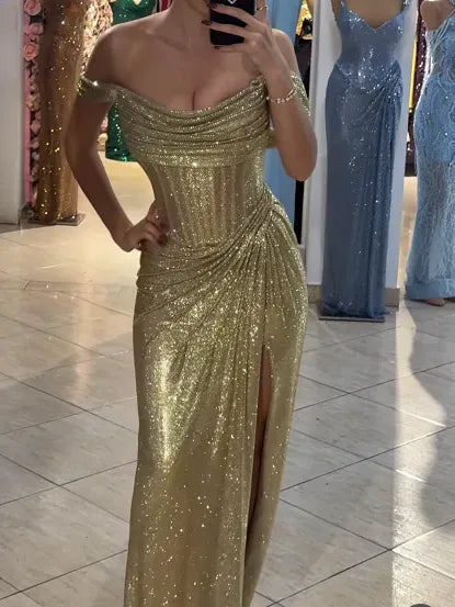 Glamorous Off-the-Shoulder Ruched Sheer Beaded Mermaid Maxi Dress with High Slit