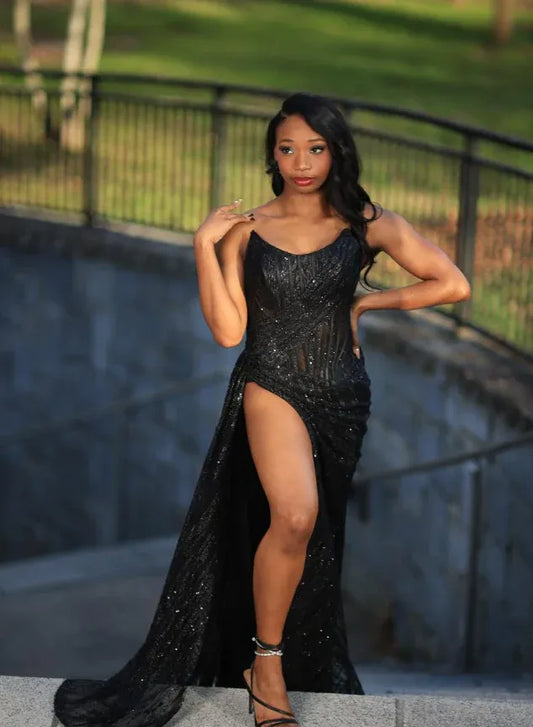 Glamorous One-Shoulder Beaded Ruched Maxi Dress with High Slit