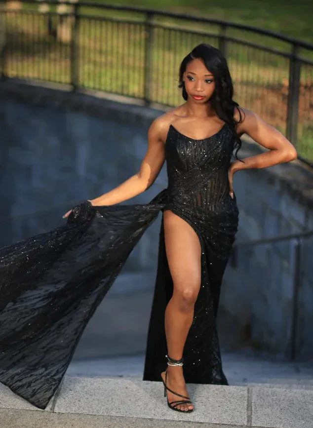 Glamorous One-Shoulder Beaded Ruched Maxi Dress with High Slit