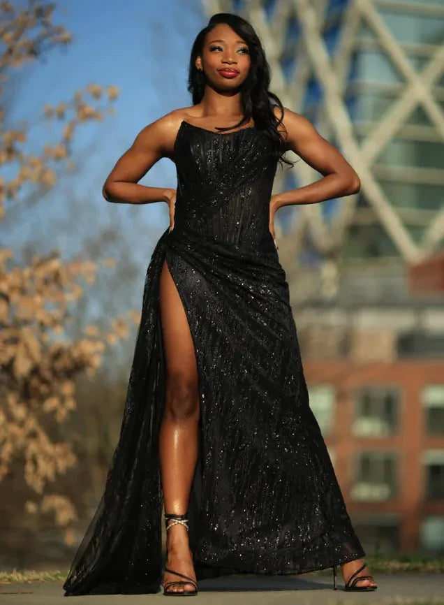 Glamorous One-Shoulder Beaded Ruched Maxi Dress with High Slit