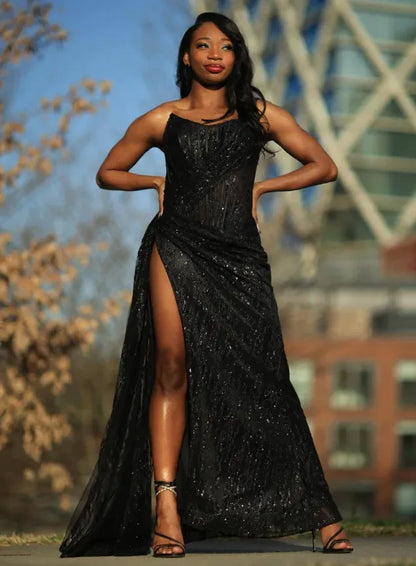 Glamorous One-Shoulder Beaded Ruched Maxi Dress with High Slit